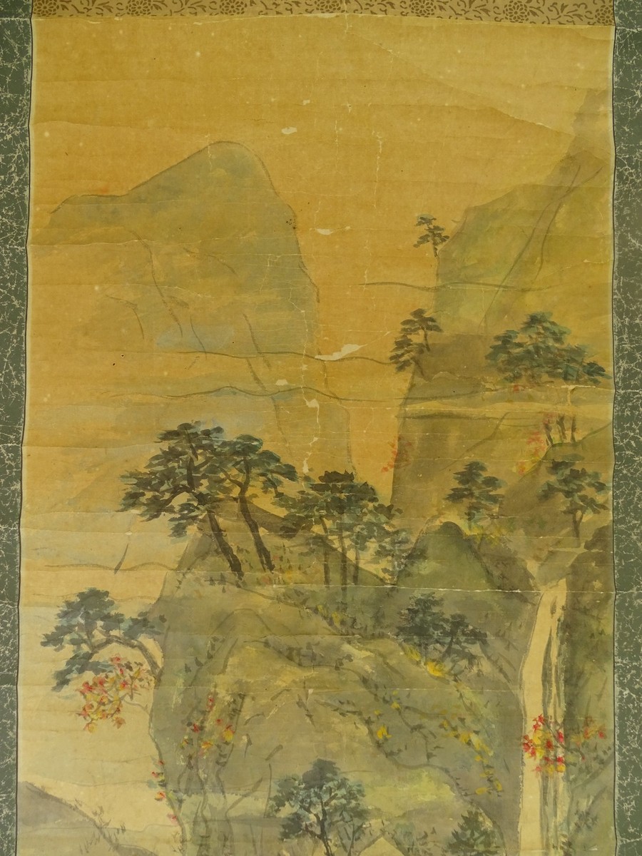 IK890 Japanese Hanging Scroll Autumn Landscape Waterfall Sea 1958