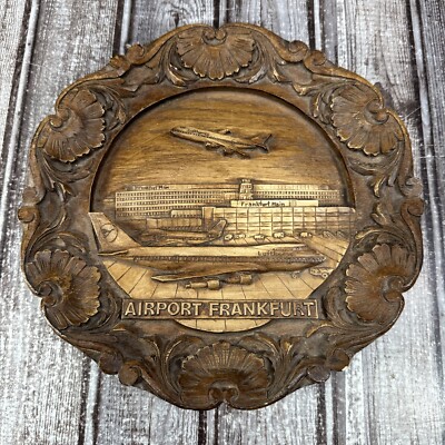 Vintage Frankfurt Airport Wood Decorative Plate Lufthansa Germany