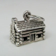Sterling Silver LOG CABIN Charm for Bracelet PENDANT Brown County VINTAGE Cute!