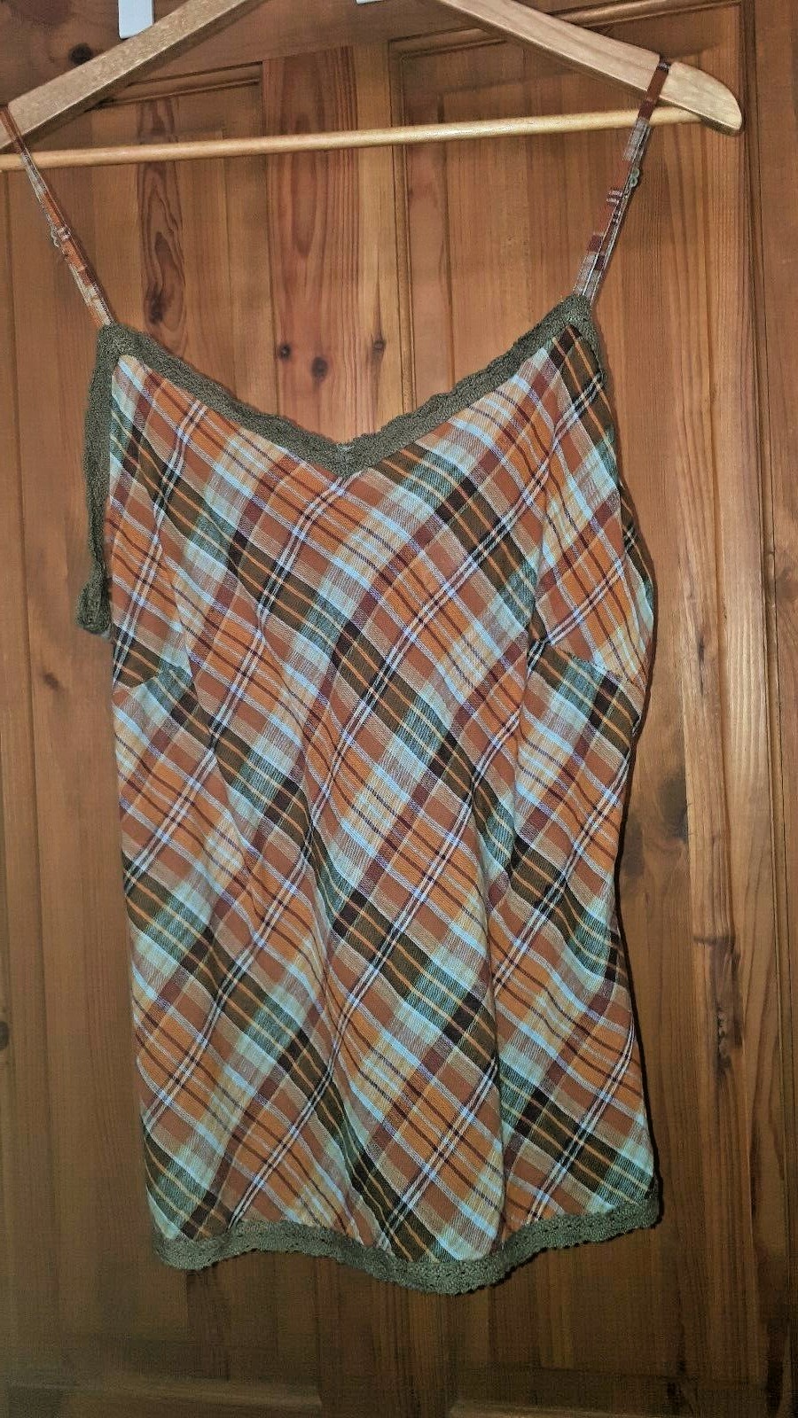 Orange green lace & check ethnic hippie boho festival sun top strappy camisole