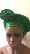 Aso-Oke African Headtie Auto Gele, Green Eyitope Women headwear Ready Made Gele