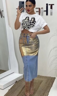 ZARA NEW WOMAN HIGH-WAIST MIDI METALLIC DENIM SKIRT GOLD MID-BLUE Size Xs