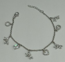 Sterling Silver 925 Cubic Zirconia Tear Drop Hearth and Butterfly Charm Bracelet