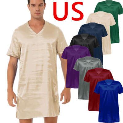 US Men's V-Neck Short Sleeve Nightshirt Satin Nightwear Pajamas Sleep T-Shirt
