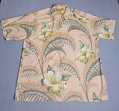Tommy Bahama Silk Shirt Mens XL Button Peach Floral Camp Hawaiian Loop Collar