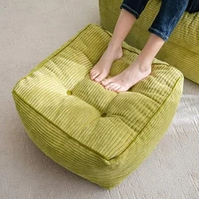  Square Stuffed Pouf Ottoman, Corduroy Poufs with Foam Chunk 21.6 Inch Green