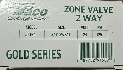   Taco Zone Valve 2 Way Gold Series 571-2 / 3/4'' Sweat 24V 125 PSI. 571-4 5075