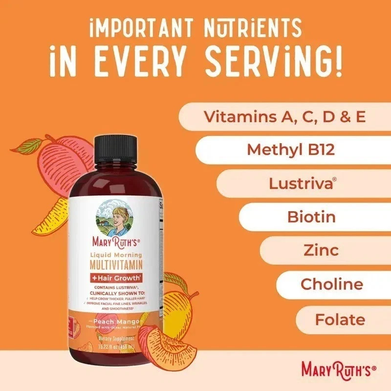 🍑 MaryRuth's Peach Mango Liquid Multivitamin | Hair, Skin & Nails | 15.22 fl oz - Image 2 of 4