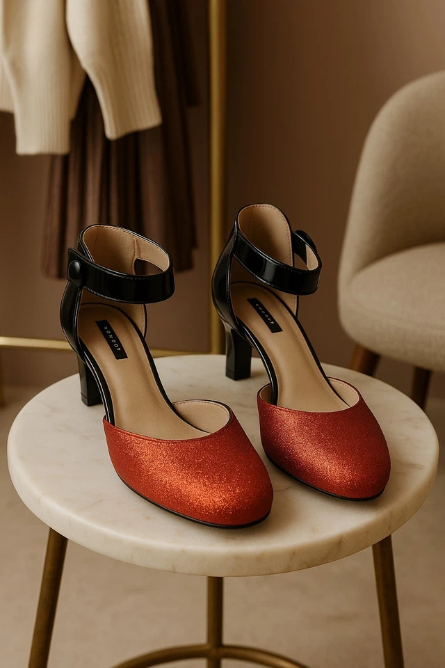 Sapatos Array Charlie Red Glitter Pumps 7W salto baixo gatinho alça no tornozelo Dorothy Oz - Imagem 2 de 4