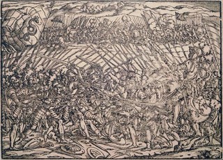 Woodcut Battle of Landsknechts Jost Amman 1565 Silver Bible Sforza