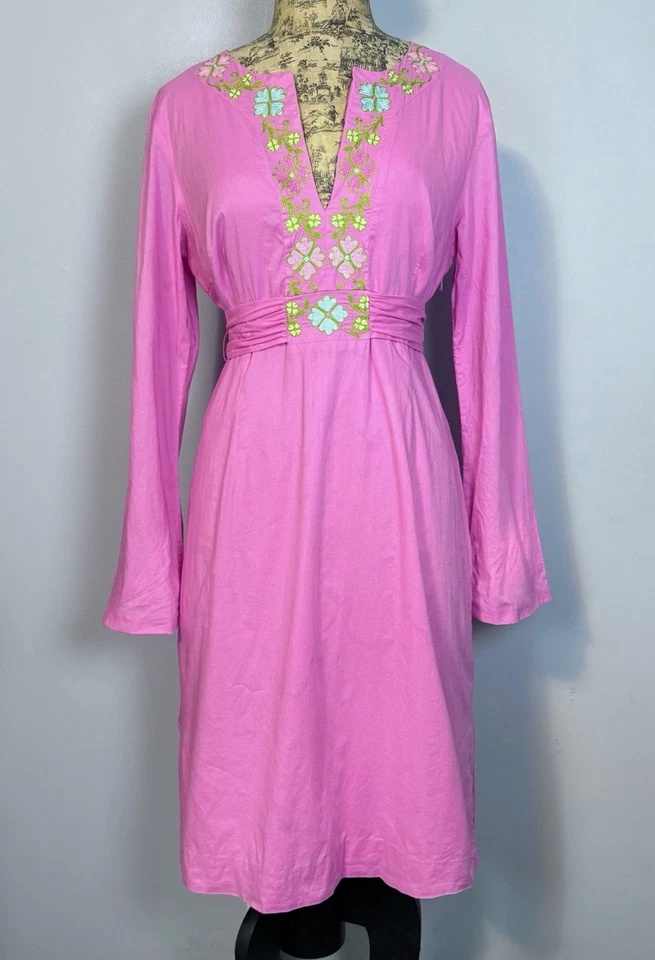 Vestido Lilly Pulitzer Vintage Bordado Etiqueta Blanca Rosa Algodón Cinturón Talla M Foto 2 de 4