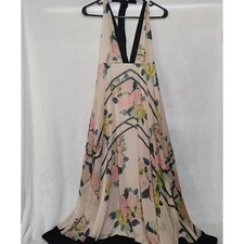 Nasty Gal Collection Floral Halter Maxi Dress Pink Green Black Stripe Size 4