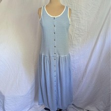 Vtg 90s Maxi Dress Blue White Striped Ribbed Button Front Sz S Nautical Casual