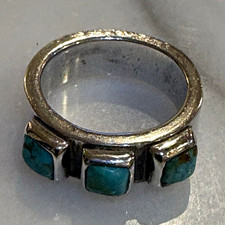 Signed Sterling Silver Ring with 3 Square Fox Turquoises (Bezel Set Size 10.5)