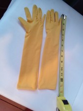 BRIGHT YELLOW NYLON PAGENT GLOVES SIZE 6-7 MED 14" LONG COSTUME WOMENS GIRLS