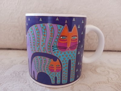 Vtg Signed Laurel Burch  Mr. Jio's Cat  Coffee Mug Cup Rich Blue Purple Orange