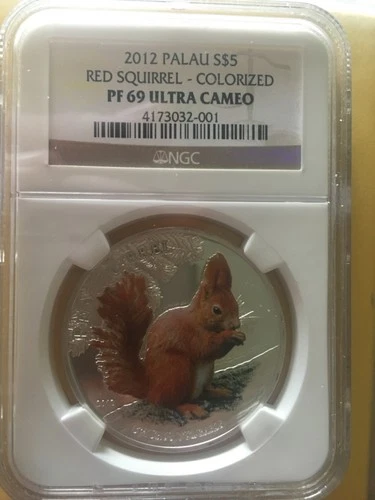 $5 Red Squirrel NGC PF 69 UCam Palau Fine Silver 2012 proof only 1.000 coloured
