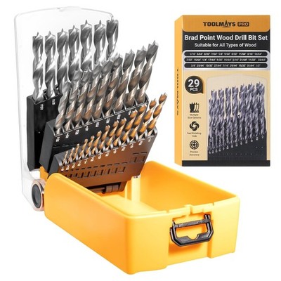 Brad Point Drill Bit Set, 29 PCS HSS Wood Drill Bit Set with Double Flutes Desig