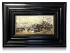 Kleines Kabinettbild – Winterliche Holland-Szene Windmühle Öl auf Holz signiert