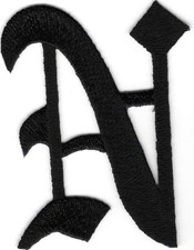 3" Fancy Black Old English Alphabet Letter N Embroidered Patch