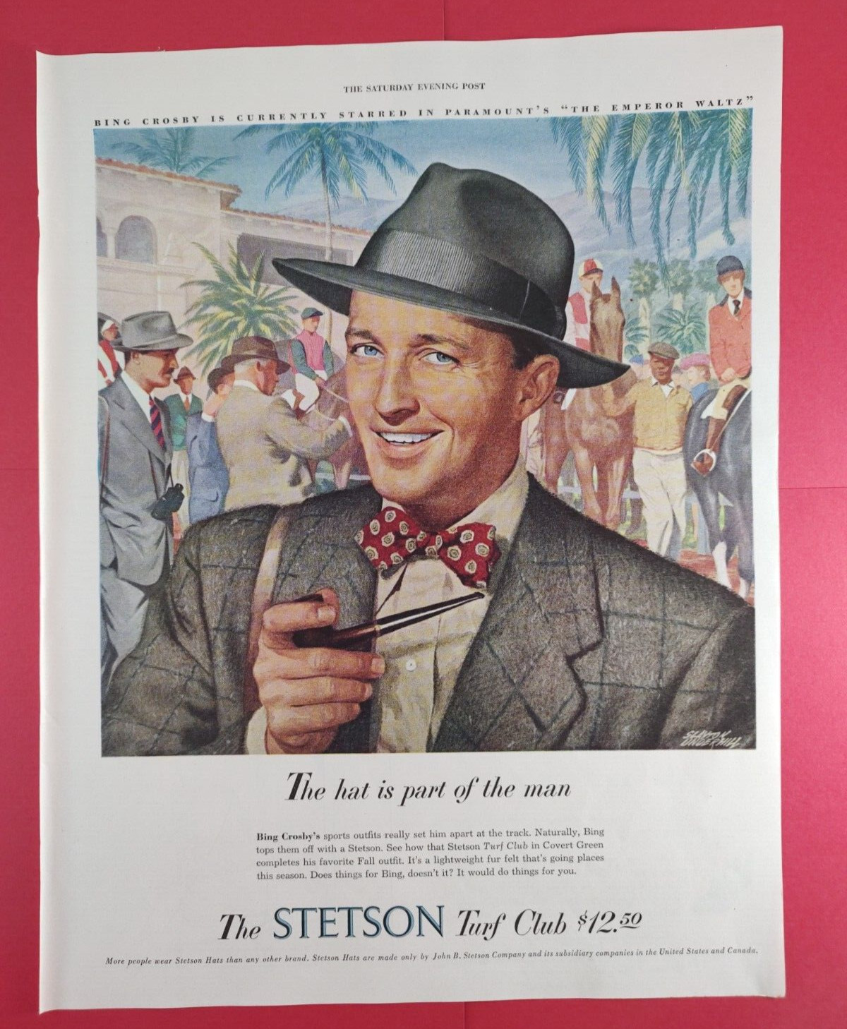 1949 Bing Crosby Stetson Hats Sat Evening Post Print Ad