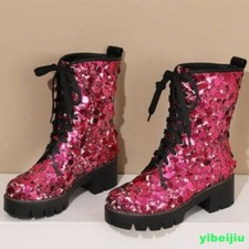 Womens Shiny Sequins Party Ankle Boots Platform Chunky Heel Shoes Runway Fashion