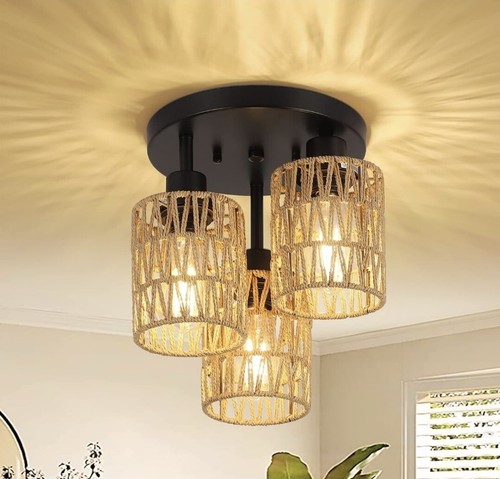 3-Light Semi Flush Mount Ceiling Light Farmhouse Rattan Pendant Lamp Fixture NEW