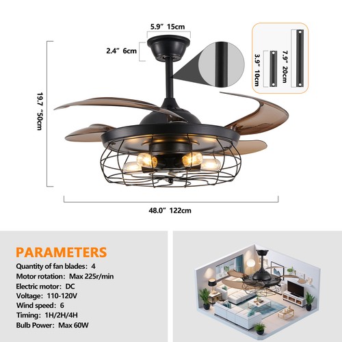 48 inch Ceiling Fan LED Light Farmhouse Black Flush Mount w Remote Control Kit - Picture 2 of 12