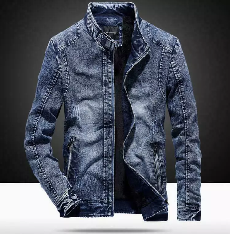 Mens Retro Denim Jacket Stand Collar Long Sleeve Zip Coats Casual