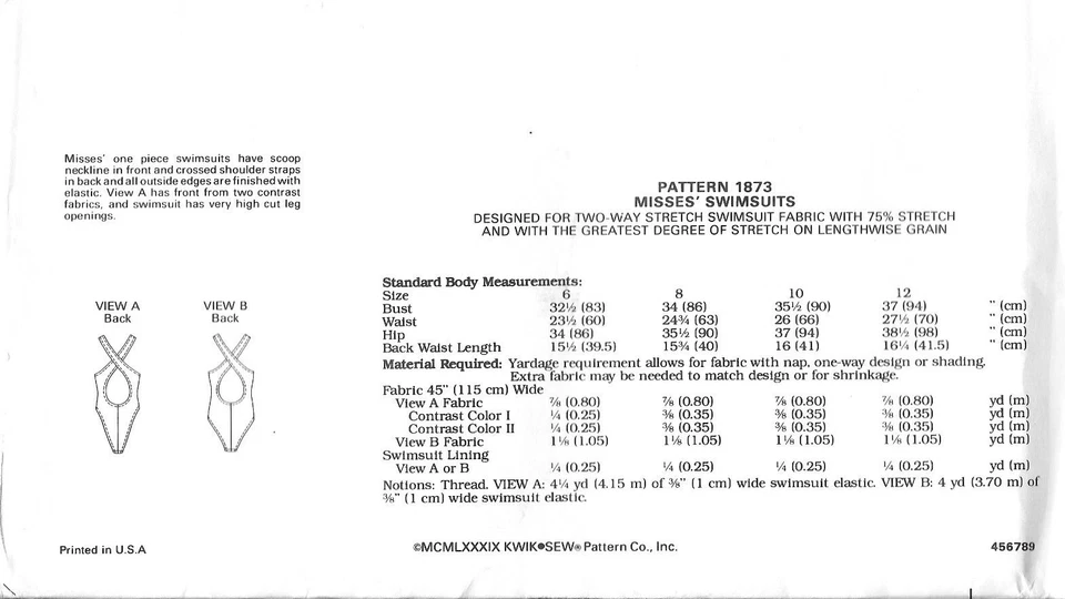 Vintage Uncut Kwik Sew Sewing Pattern # 1873 Misses' Swimsuit Sizes: 6-8-10-12 - Image 2 of 3