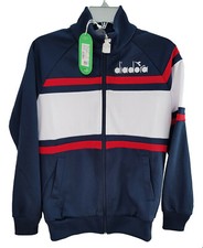 Diadora Jacket Mens 80s Style Sportswear Sweat Top Zipped Man Blue & White XXS