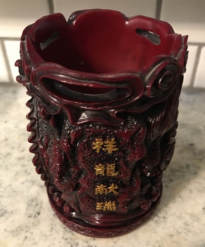Vtg Chinese Carved Red Resin Zodiac Dragon Vase Cup Feng Shiite Very Details - Picture 11 of 12