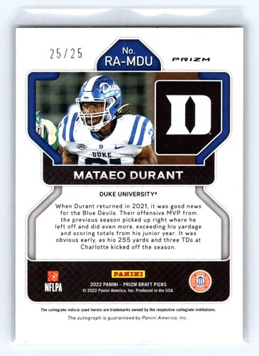 2023 Panini Prizm Draft Picks 2022 PANDORS 25/25 Mataeo Durant #RA-MDU BOOKEND - Picture 2 of 2