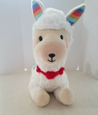 FAO Schwarz Llama Alpaca Plush Furry White Laying W Rainbow Blanket 10"
