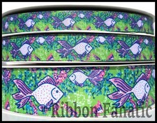 3yds 5/8" 7/8" or 1.5" Purple Green Tropical Fish Palm Beach Grosgrain Ribbon