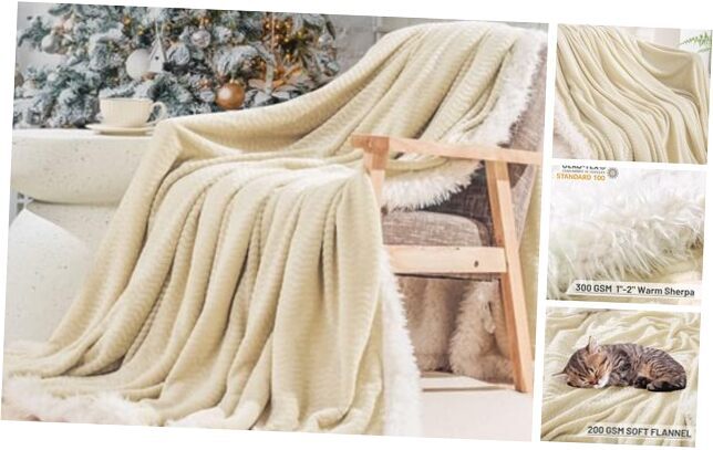 Blanket Size,Reversible Warm Flannel Fleece Throw,Ultra Soft Plush Twin Beige