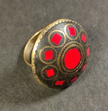 R923 Handmade size 11.25 Coral Resin Tibetan Silver Adjustable Finger Ring Nepal