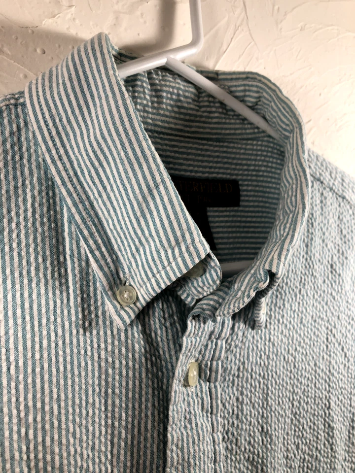 Chesterfield 男式中号蓝色白色条纹泡泡纱衬衫短袖 — 第 3/4 张图片