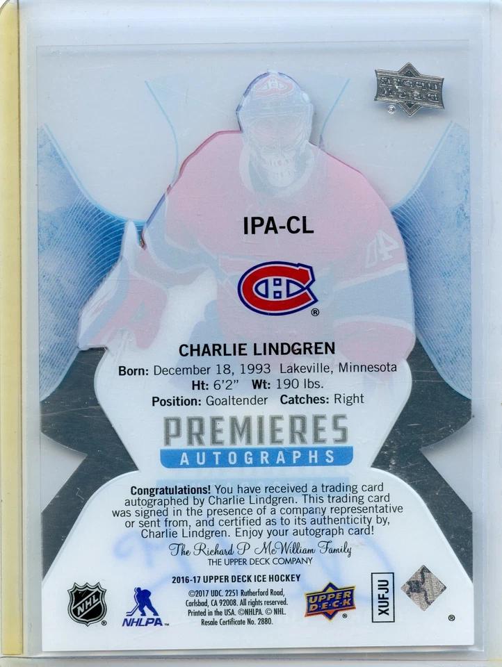 2016-17 Upper Deck Ice Ice Premieres Autographs #IPA-CL Charlie Lindgren 274/299 - Image 2 of 2