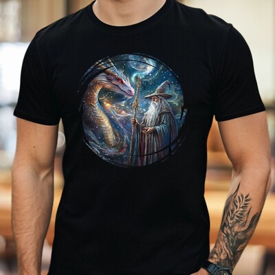 Mens Dragon Print Wizard Cotton T-Shirt Size XS to 5XL