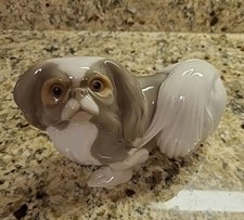 Bing & Grondahl (B&G) White/Grey/Brown Dog Porcelain Figurine - Pekingese #2114