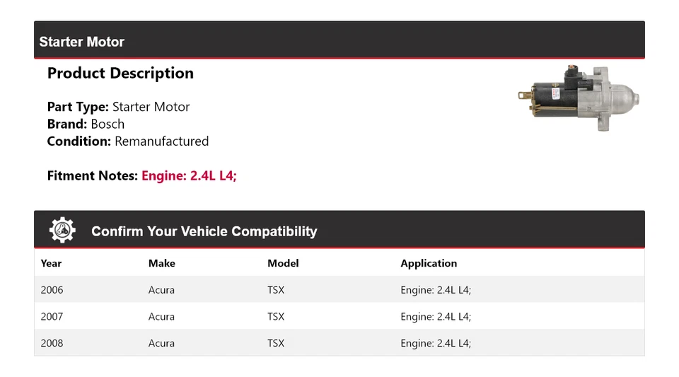 Arrancador Bosch 2,4 L L4 2006-2008 Acura TSX (remanufacturado) 2007 Foto 2 de 4