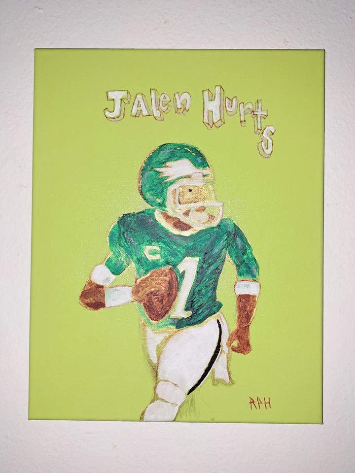 Tintas acílicas originales verde "Jalen Hurts" 14x11 lona límite 1/1 ventilador Eagles Foto 2 de 4