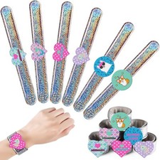 6 Cute Glitter Slap Bracelets w/ 3D Mermaid, Unicorn, Llama,  Corgi Designs