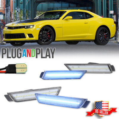 Fits 10-15 Chevrolet Camaro Ice Blue LED Front + Rear Side Marker Lights Clear