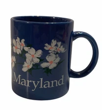MARYLAND Coffee Tea Mug Cup Blue Floral White Yellow Blue Flowers Double Sided