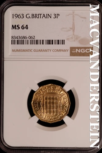 Great Britian:1963 Three Pence-NGC MS 64 Brilliant Uncirculated #SLG172