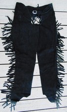 BLACK SUEDE LEATHER FRINGED COWBOY CHAPS  ADULT LARGE  ZIPPERED  CONCHO