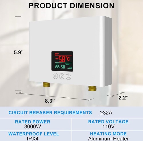 Scaldabagno Elettrico Senza Serbatoio 3000W Display LED Telecomando Caldo Istantaneo - Foto 5 di 6