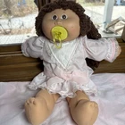 1985  Cabbage Patch Kids Girl Brown Hair Brown Eyes Dimples Pacifier Pink Dress